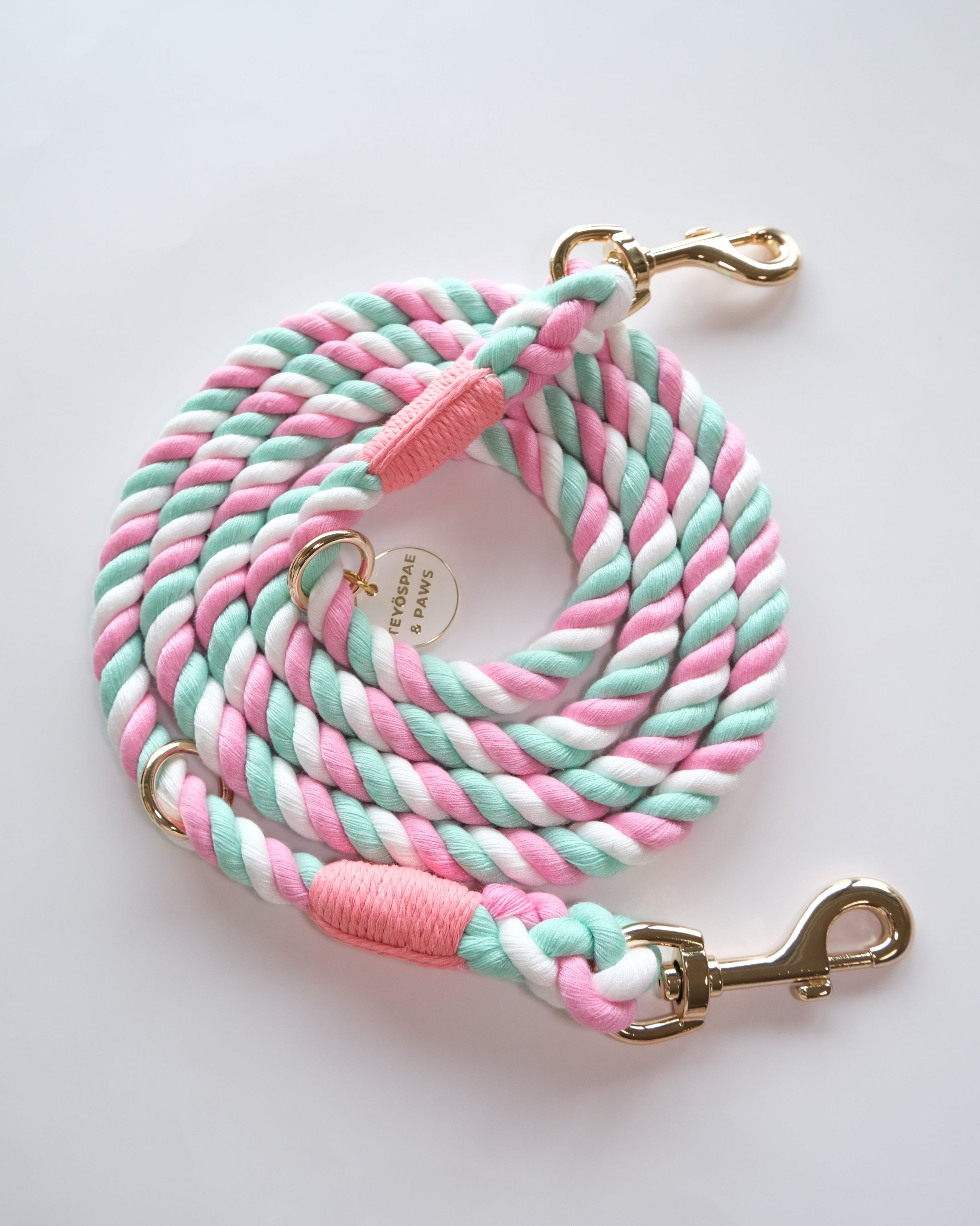 Hands-free rope lead 210cm - LOLLIPOP&Gold, thick lever hook snap hook