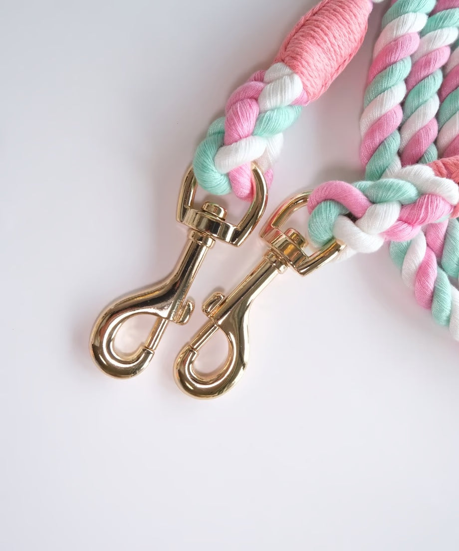 Hands-free rope lead 210cm - LOLLIPOP&Gold, thick lever hook snap hook